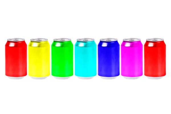 Group Aluminum Cans Different Colors White Background Color Theory Primary — Stock Photo, Image