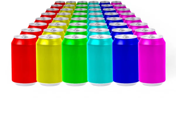 Group Aluminum Cans Different Colors White Background Color Theory Primary — Stock Photo, Image