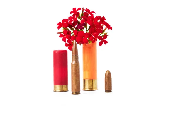 Flowers Next Bullets White Background Concept War Make Love War — Stock Photo, Image
