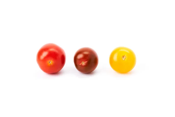 Három Piros Sárga Cseresznyés Paradicsom Fehér Alapon Egészséges Élelmiszer — Stock Fotó