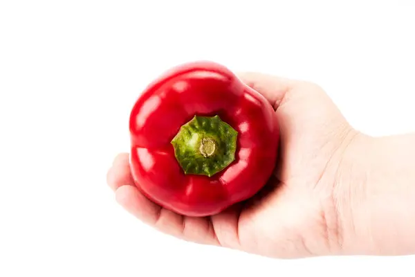 Mão Homem Com Pimentão Vermelho Alimentos Saudáveis — Fotografia de Stock