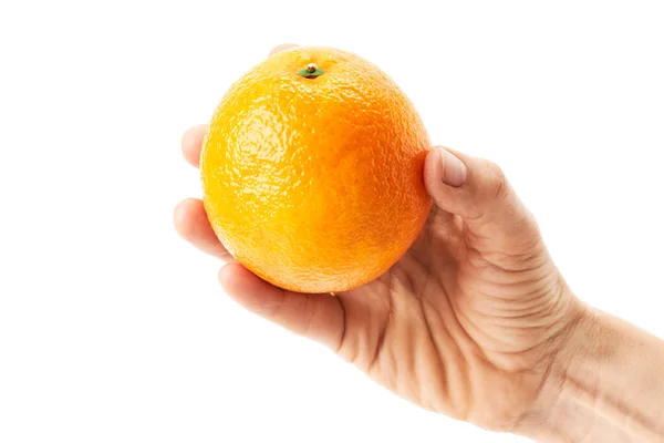 Χέρι Μιας Γυναίκας Που Κρατάει Ένα Χυμώδες Πορτοκάλι Υγιή Τρόφιμα — Φωτογραφία Αρχείου
