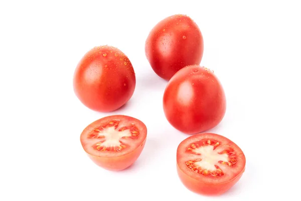 Drei Wasser Getränkte Rote Reife Tomaten Zusammen Mit Einer Halbierten — Stockfoto