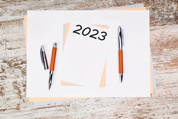 Greeting Card Number 2023 Together Pens New Year Concept Top — Stockfoto