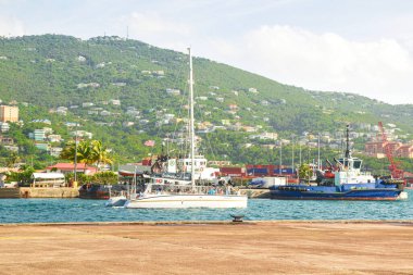 Katamarlı bir tekne dolusu yolcu şehrin arka planından 124 no 'lu gemiyle denize açılıyor turistler Virgin Adası' ndaki küçük bir ada olan St Thomas 'ta, körfezdeki Katamaran teknesinde tura çıkıyorlar. 