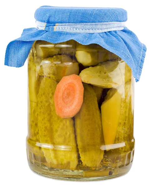 Glass transparent tin can with pickled pickles and carrots, close-up isolated with a white background.