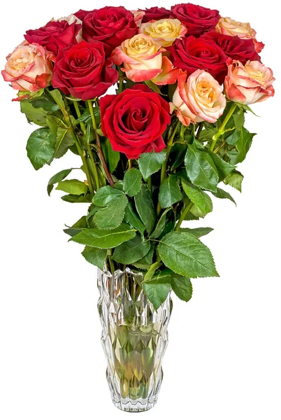 Bouquet Rose Gialle Rosse Vaso Vetro Trasparente Primo Piano Isolato Immagini Stock Royalty Free