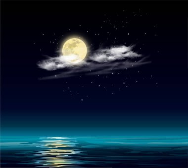 Dolunay Yıldızları ve Bulutlar Mavi Suya Yansıyan Sihirli Gece