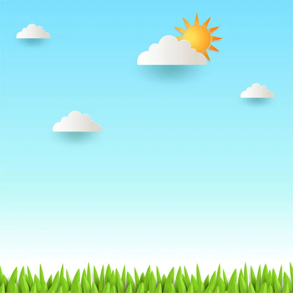 Fresh Blue Sky Sun Green Grass Papercut Style — Stock Vector