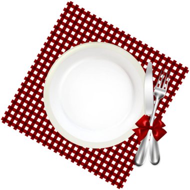 Çatal ve Bıçak Yayı Kırmızı Gingham kumaşına Bağlı Restoran Tabağı