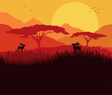 Güneş Batan Kuşlar ve Geyiklerle Kapıda Manzara