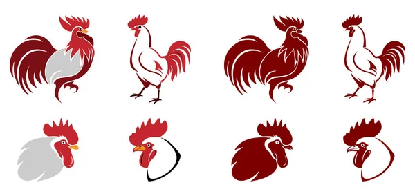 Ikony Kurczaka Kolorze Czerwono Szarym Białym — Wektor stockowy