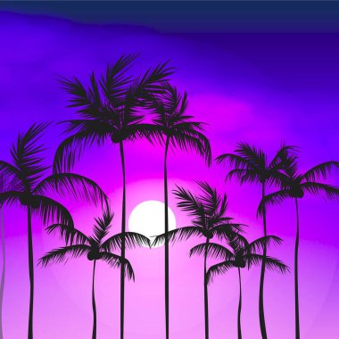 Tropical Evening Beach With Moon Coconut Palm Tree