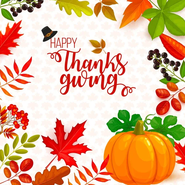 Happy Thanksgiving Hat Cherries Pumpkin Autumn Leaves — Vetor de Stock