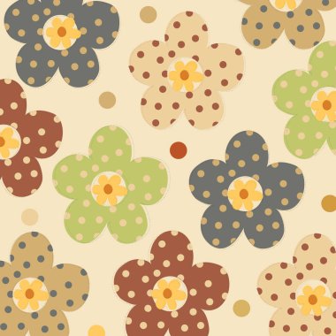 Polka Dot Groovy Retro Çiçek Vektör Deseni. Organik Soyut Daisy ve Papatya Çiçeği Vintage Deseni. 70 'ler, 80' ler, 90 'lar Styled Polka Dot Arkaplan