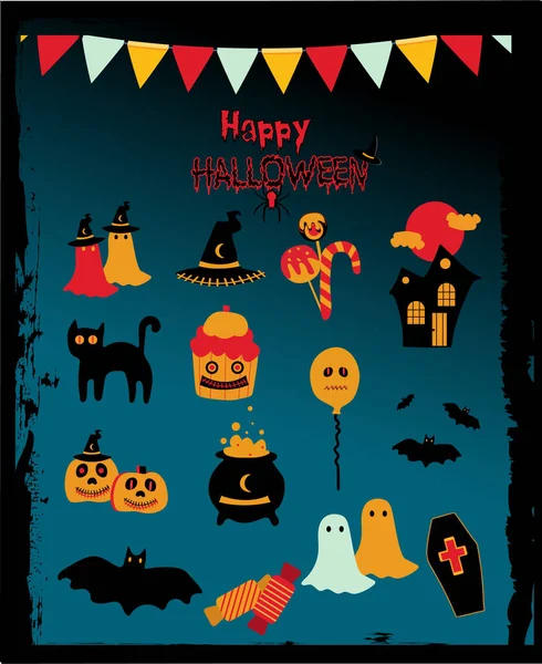 Feliz Halloween Flat Vector Icon Set Lindo Paquete Dibujos Animados — Archivo Imágenes Vectoriales