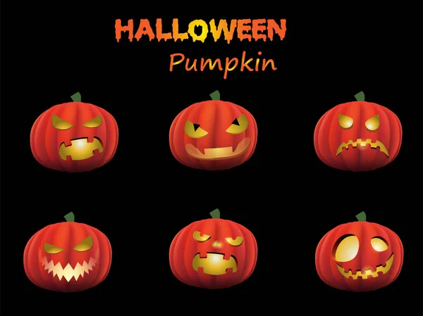 Scary Glowing Halloween Pumpkin Ghost Faces Inglés Conjunto Iconos Vector — Archivo Imágenes Vectoriales