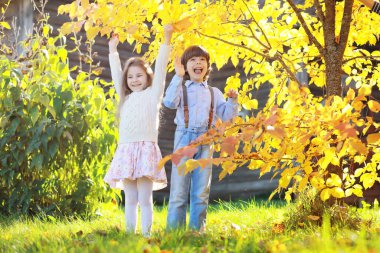 Genç bir aile güneşli bir günde sonbahar parkında yürüyüş yapıyor. Birlikte olmanın mutluluğu..