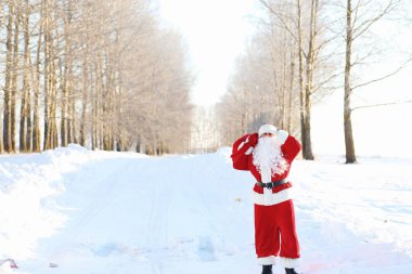 Noel Baba kış tarlasında. Noel Baba sihirli sis tarlada yürüyor. Noel Arifesi 'nde Noel Baba çocuklara kırmızı bavul içinde hediyeler taşıyor.