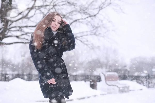 Mädchen Winterpark Nachmittag Schneefall — Stockfoto