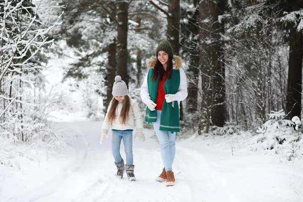 Молодая Семья Прогулку Мама Дочь Гуляют Снежном Парке — стоковое фото