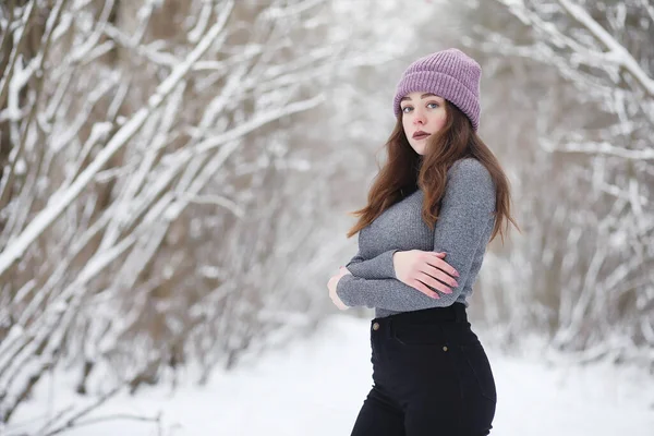 공원의 소녀가 산책을 있습니다 숲에서의 크리스마스 소녀는 공원에서 겨울을 즐긴다 — 스톡 사진