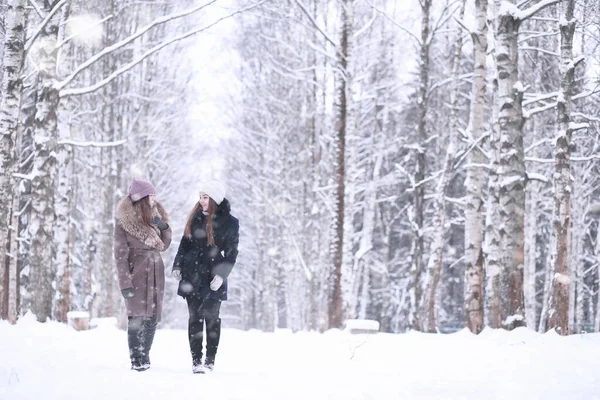 下午在雪地里的一个冬季公园里的女孩 — 图库照片