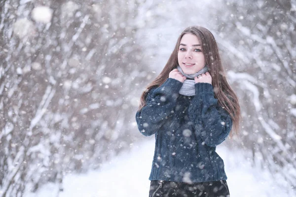 Girl Winter Park Afternoon Snowfal — Stock Photo, Image