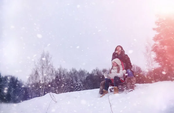 Zimowa Bajka Młoda Matka Jej Córka Jeżdżą Saniami Lesie Dziewczyna — Zdjęcie stockowe