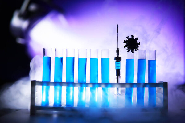 Test tube of glass overflows new liquid solution potassium blue conducts an analysis reaction takes various versions reagents using chemical pharmaceutics cancer manufacturing 