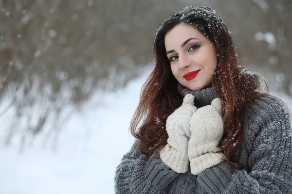 Belle Fille Dans Beau Parc Hiver Pour Une Promenade — Photo