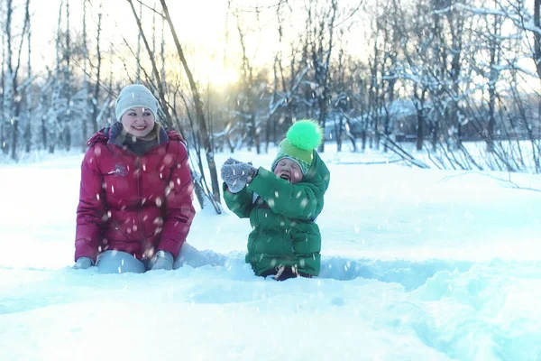 Семья Детьми Парке Зимнюю Метель — стоковое фото
