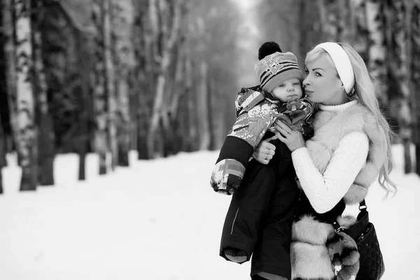 Молода Мама Гуляє Зимовий День Дитиною Руках Парі — стокове фото