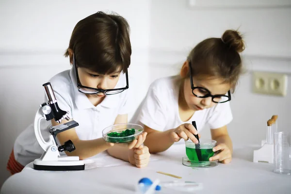 Dos Niños Lindos Lección Química Haciendo Experimentos Aislados Fondo Blanco — Foto de Stock