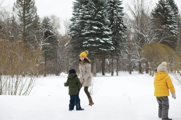 Familia Feliz Jugando Riendo Invierno Aire Libre Nieve Parque Ciudad — Foto de Stock