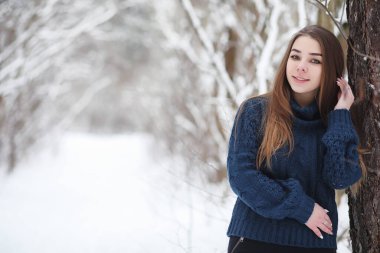 Kış parkında yürüyüş yapan genç bir kız. Kış ormanlarında Noel tatili. Kız parkta kışın tadını çıkarıyor.