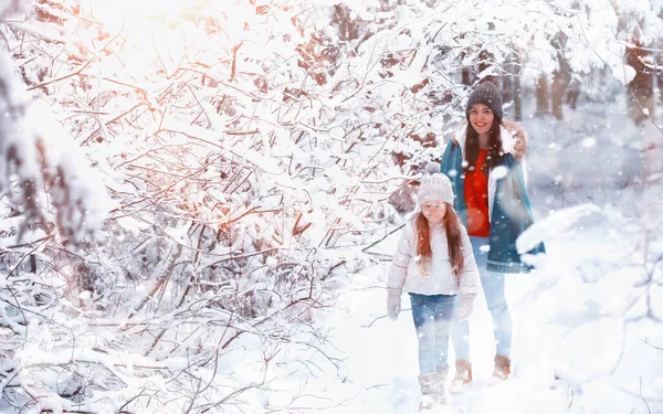 散歩に若い家族 母と娘は雪の公園を歩いている — ストック写真