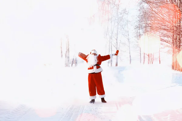 필드에 산타입니다 마법의 걷고입니다 크리스마스 이브에 가방에 선물을 들고는 — 스톡 사진