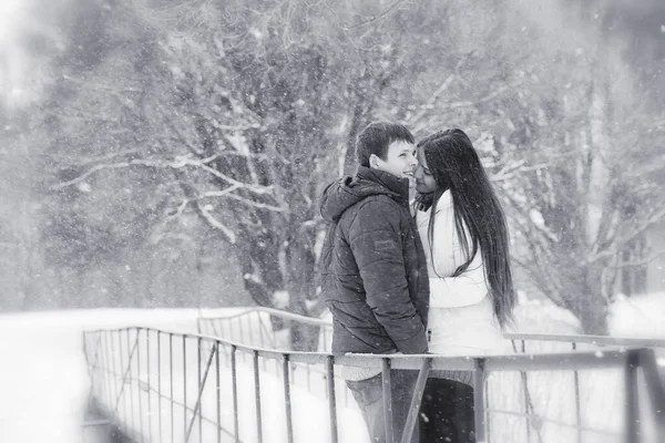 Een Verliefde Paar Een Winter Wandeling Man Vrouw Een Datum — Stockfoto