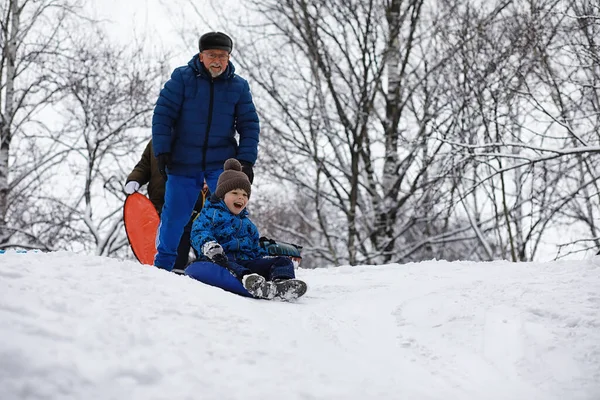 Barn Parken Vintern Barn Leker Med Snö Lekplatsen Barnspann Med — Stockfoto