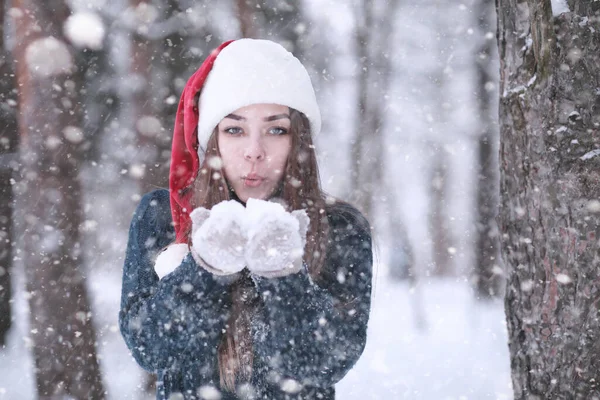 Gadis Taman Musim Dingin Sore Hari Saat Salju Turun — Stok Foto