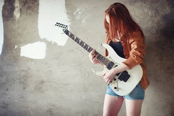 Young Red Haired Girl Electric Guitar Rock Musician Girl Leather — Stock Photo, Image