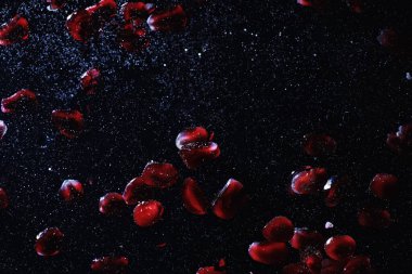 Olgun tatlı nar tohumlarına su damlaları düşer. Metnin için kopyalama alanı olan taze nar arkaplanı. Vejetaryen ve vejetaryen kavramı.