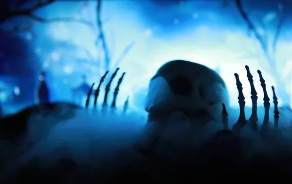 Esqueleto Zombi Mano Levantándose Cementerio Halloween Misteriosas Predicciones Bolas Mágicas —  Fotos de Stock