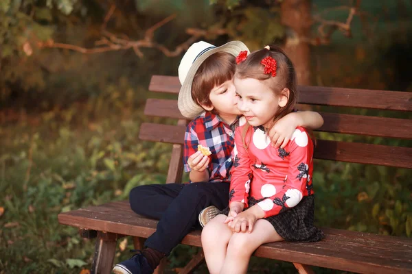 Sonbahar Parkında Yürüyüşe Çıkmış Çocuklar Yaprak Parkta Düşer Aile Düş — Stok fotoğraf