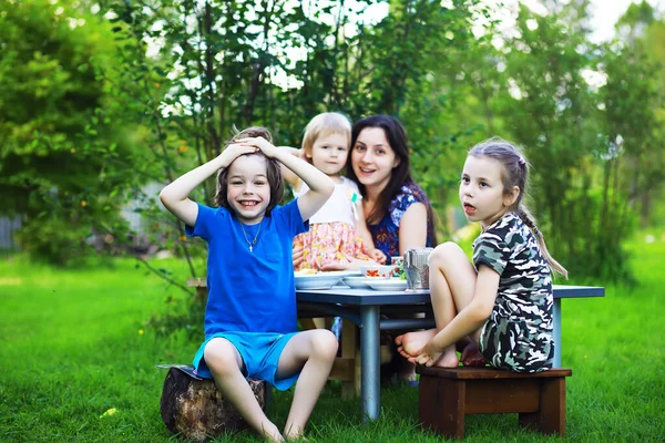 Молода Велика Родина Пікніку Літній Ранок Красива Мати Дітьми Снідає — стокове фото