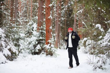 Bir adam sırt çantasıyla seyahat eder. Ormanda kış yürüyüşü. Kışın parkta yürüyüş yapan bir turist..
