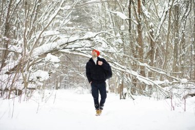 Kışın ormanda bir adam. Sırt çantalı bir turist kışın ormana gider..
