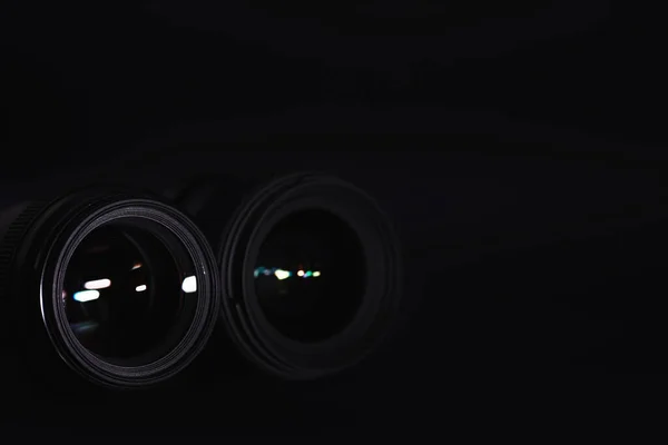 Optics Camera Operators Desk Flare Glass Photo Lens Black Background — Stock Photo, Image