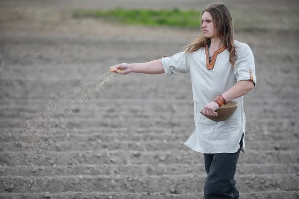 Young Peasant Scandinavian Appearance Sows Field Grai — Stock Photo, Image